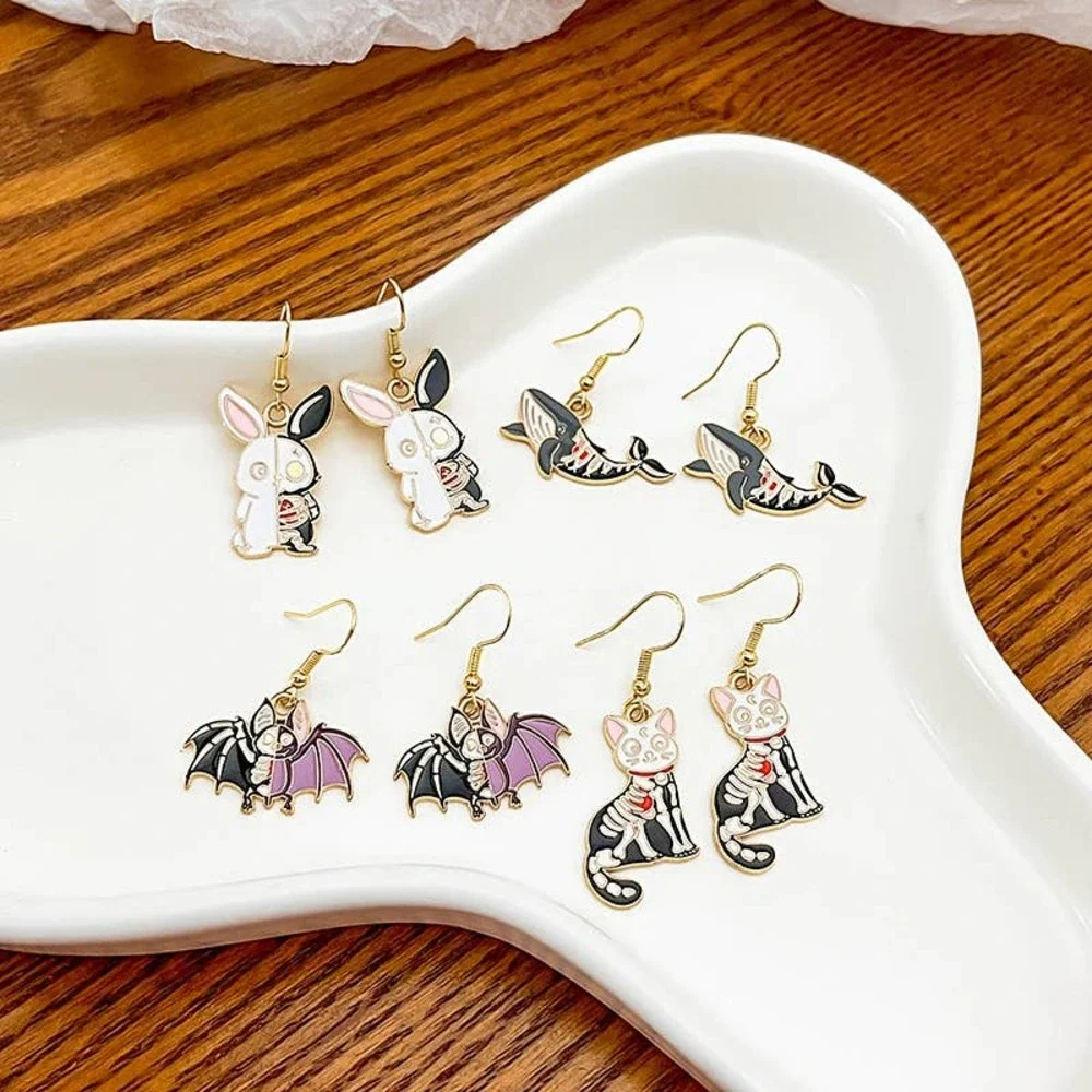 Enamel Skeleton Whale Fishhook French Loop Dangle Earrings - Picture 2 of 2